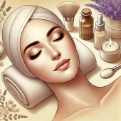 DALL·E 2025-01-07 13.58.01 - Uma ilustração de um rosto feminino relaxado em um ambiente claro e aconchegante. O rosto está parcialmente coberto por um creme facial suave, com a c